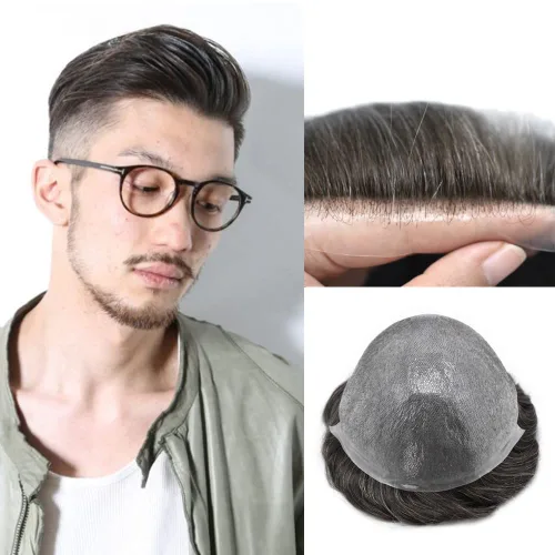 Vista 24 de 0.002 in ultra fina piel tupé Remy cabello humano piezas para hombres V-Looped sistema de pelo para hombre tupé pelo tupé para hombres protesis