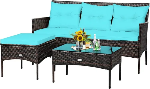 Vista 15 de Tangkula juego de sofá de esquina para patio de 3 piezas, juego de sofá de ratán para exteriores, incluye chaise lounge, sofá doble y mesa auxiliar