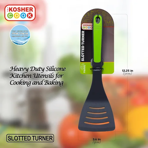 Vista 3 de Parve Green - Espátula giratoria ranurada, utensilio de cocina de silicona resistente para cocinar y hornear, mango ergonómico y agarre cómodo