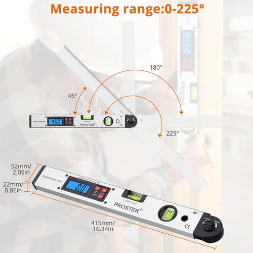 Vista 4 de Proster 0-225° Buscador de Ángulos Digital Transportador - Reglas de Ángulo de Aluminio 225° 40 cm Pantalla LCD Retroiluminada con Horizontal