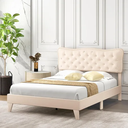 Vista 4 de Giantex Base de cama tamaño Queen color beige, plataforma tapizada de tela de lino con cabecera de clavos, base de colchón con botones y listones