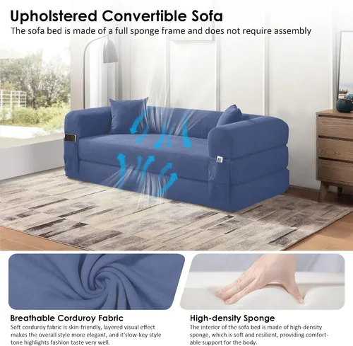 Vista 6 de Sofá cama convertible de 80 pulgadas, sofá cama plegable de pana 3 en 1 con almohadas, sofá moderno sin hueso, sofá de compresión en caja, sofá