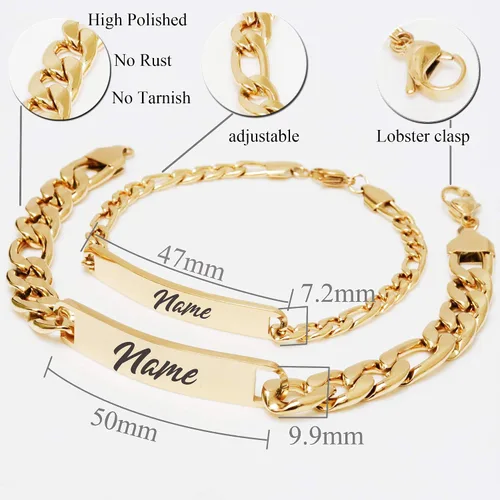 Vista 3 de Pulseras personalizadas chapadas en oro de 18 quilates para parejas, grabados personalizados, con nombre y identificación, juego a juego