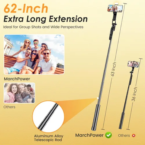 Vista 6 de Marchpower Trípode de seguimiento automático remoto de 63 pulgadas con rotación de 360° para iPhone con luz, soporte de trípode para teléfono