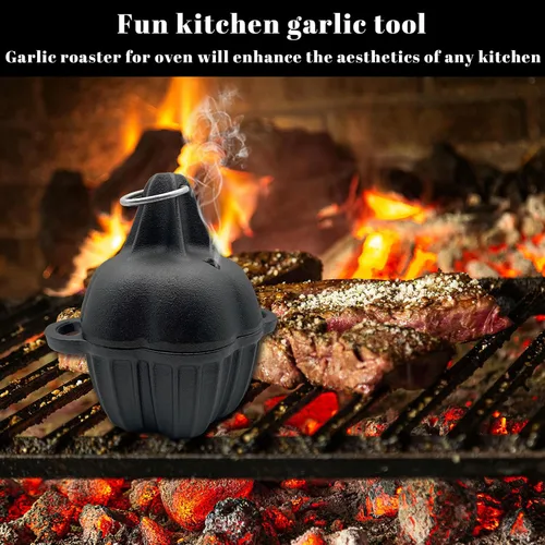 Vista 3 de Asador de hierro fundido, caja de ahumador de hierro fundido pre-sazonado para asar a gas, asador de ajo para horno, ideal para ahumar, asar, ajo
