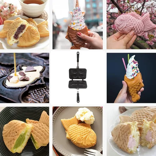 Vista 9 de Zetiling Taiyaki Utensilios para hornear, Taiyaki doble bandeja para hornear, waffle, forma de pescado Taiyaki, máquina de pasteles antiadherente