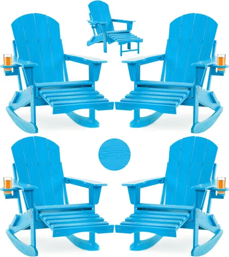 Vista 10 de Mecedora plegable Adirondack, silla de patio multifuncional 4 en 1 con otomana retráctil, silla de exterior con textura de madera, silla de césped