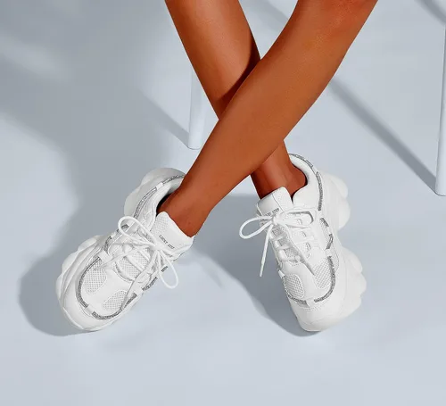 Vista 6 de LUCKY STEP Zapatos deportivos gruesos de los años 90 para mujer, con plataforma de cuerda con diamantes de imitación brillantes, casuales, gruesos
