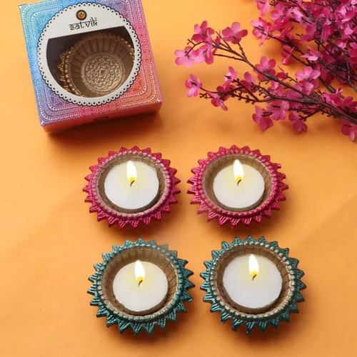 Vista 10 de SATVIK 2 piezas Multicolor Surya Metal Diya Floral Lotus Flower Shape Tea Light Holder Lámpara de aceite Navidad Interior Hogar Mandir Pujan Pooja