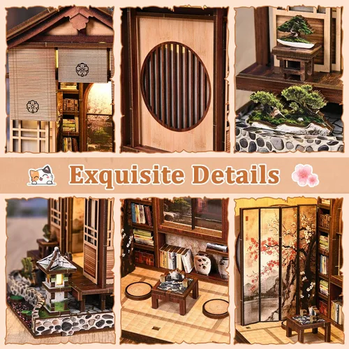 Vista 5 de Kit de rincón de libro, casa de muñecas japonesa, biblioteca, biblioteca de biblioteca, estantería de casa pequeña, rompecabezas de madera 3D, kit