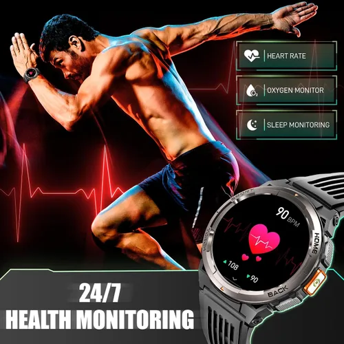 Vista 7 de Reloj inteligente militar para hombre con llamada/linterna LED, 3ATM, resistente al agua, 1.45 pulgadas, HD, resistente, táctico, con brújula