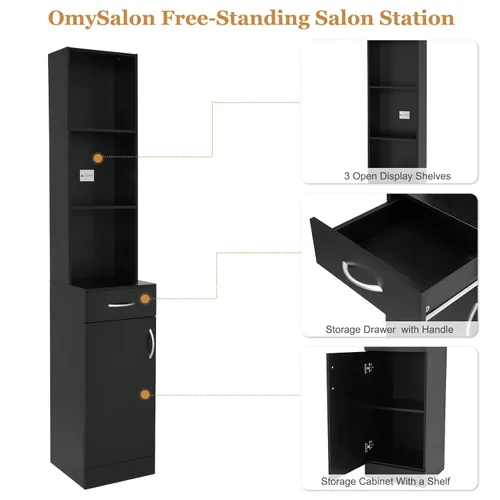 Vista 6 de mefeir Salon Station, gabinete de almacenamiento para peluquero con cajón, 5 compartimentos y estante, MDF duradero, equipo organizador para salón