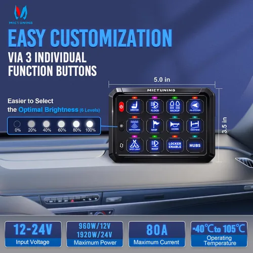 Vista 3 de MICTUNING Panel de interruptor de 12 cuadrillas P1S-B12 azul de alta potencia de 6 niveles de brillo de palanca/encendido/apagado momentáneo, caja