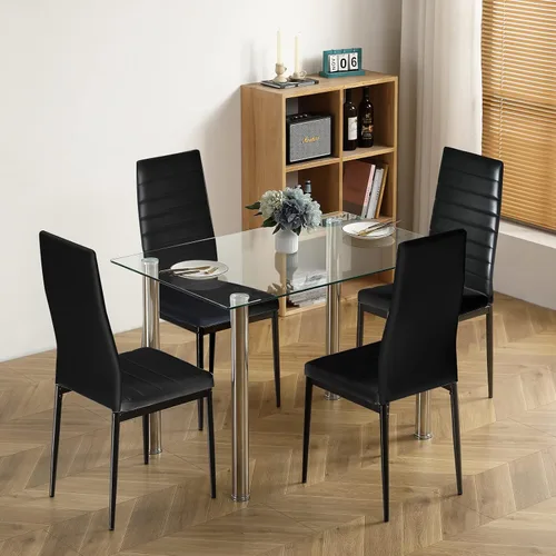 Vista 11 de Juego de mesa de comedor de 5 piezas, moderno juego de mesa de comedor negro para 4, mesa de comedor de cocina de vidrio templado con 4 sillas