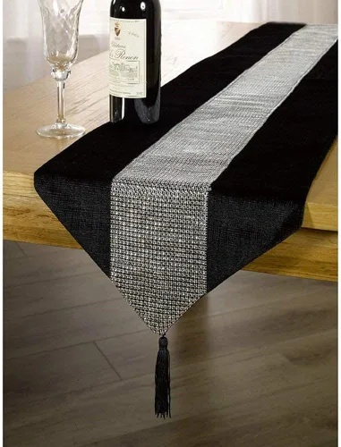 Vista 8 de Camino de mesa de 13 x 72 pulgadas con tira de diamantes y borlas (gris)