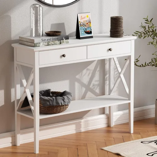 Vista 14 de ChooChoo - Mesa de entrada de granja de 39 pulgadas con cajones y estante de almacenamiento 11.8"D x 39.4"W x 31.5"H, Console Table, Sofa Table