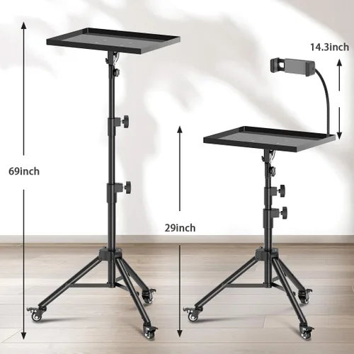 Vista 3 de Soporte para proyector con ruedas, trípode para laptop de 29 a 69 pulgadas con bandeja para mouse, soportes de DJ de altura ajustable con soporte