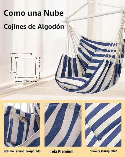 Vista 4 de ADVOKAIR - Silla tipo hamaca colgante grande, cómoda, suave y duradera, incluye 2 cojines de asiento 1 azul y blanco (con almohadas)