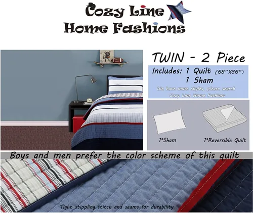 Vista 8 de Cozy Line Home Fashions Juego de ropa de cama reversible de 100% algodón con rayas rojas y azul marino (Harlan, individual, 2 piezas)