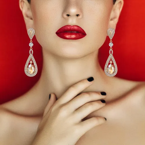 Vista 3 de EleQueen Aretes largos de cristal austriaco en forma de lágrima para novias, aretes colgantes de araña Art Deco para mujeres de graduación