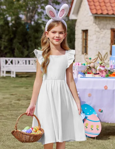 Vista 6 de Arshiner Vestidos de verano para niñas, cuello cuadrado, manga con volantes, lazo en la espalda, acampanado, casual, vestido midi con bolsillos