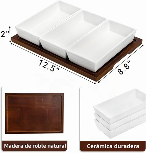 Vista 2 de Elsjoy Bandeja de servir de 3 secciones, plato de madera dividido con cuencos de cerámica, bandeja de inmersión de 3 compartimentos para aperitivos