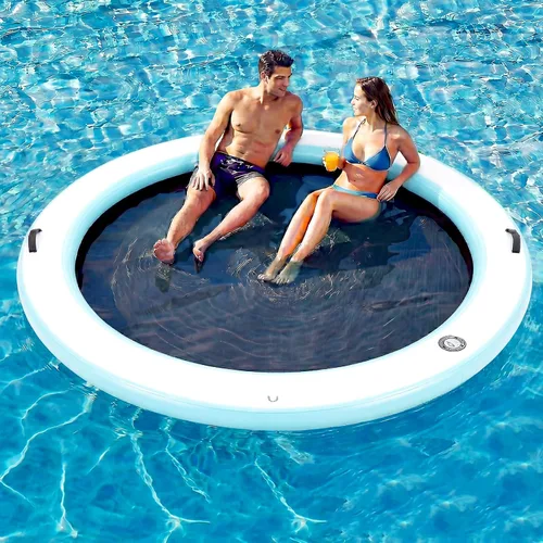 Vista 32 de Muelle flotante inflable redondo de 6 a 12 pies, anillo de flotador Sunchill, hamaca de agua para broncear flotadores de piscina con tela tejida