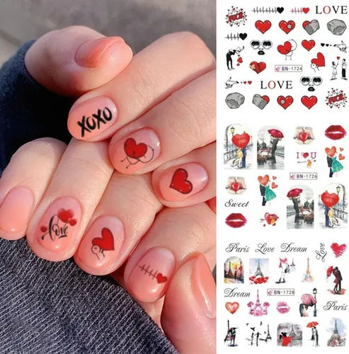 Vista 2 de TBRZTR 12 hojas de calcomanías de uñas para el día de San Valentín, diseño de torre de amor, diseño de paraguas, calcomanías de transferencia