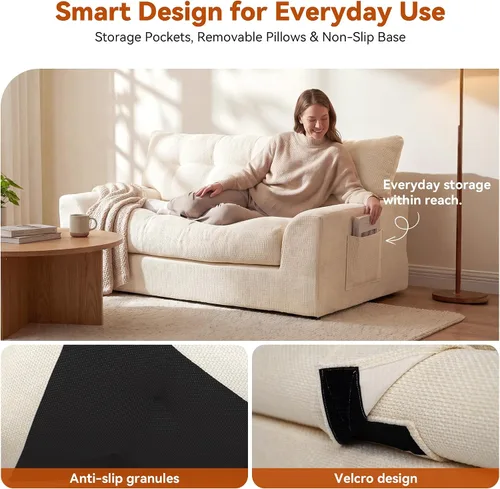 Vista 5 de MONVANE Sofá cama convertible de 55.5 pulgadas, sofá cama 2 en 1 sin hueso con bolsillo de almacenamiento, cómodo sofá de asiento profundo
