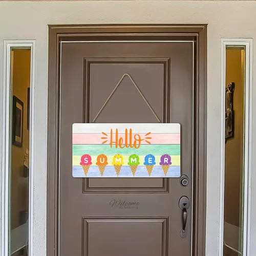 Vista 6 de Letrero decorativo para puerta con texto en inglés «Hello Summer» para colgar en la playa, con temática de helado, colgador de puerta de madera