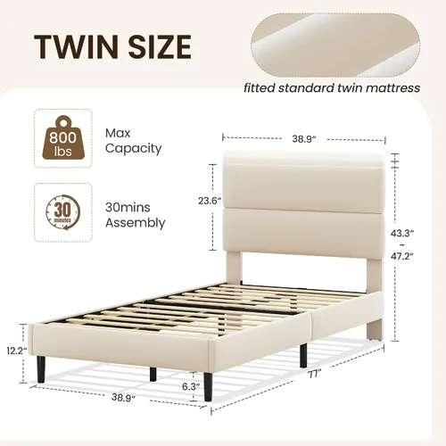 Vista 2 de GRUSIGN Base de cama de plataforma de tamaño individual con cabecera de terciopelo, soporte de listones de madera de altura ajustable, base