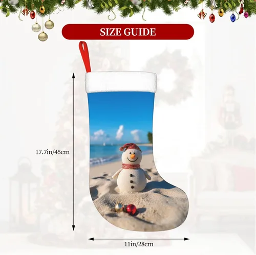 Vista 6 de Muñeco de nieve de arena en la playa, medias de Navidad de felpa personalizadas, decoraciones de medias colgantes de Navidad para vacaciones, fiesta