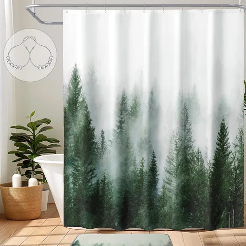 Vista 22 de ORTIGIA 36x72 Cortina de ducha de bosque nebuloso para baño pequeño, cortina de ducha estrecha de naturaleza y bosque en blanco y negro con ganchos