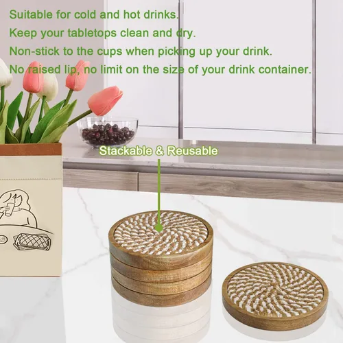 Vista 3 de Eykao Paquete de 5 posavasos absorbentes para bebidas, posavasos tejidos de 4.3 pulgadas para mesas de café, posavasos de madera para protección