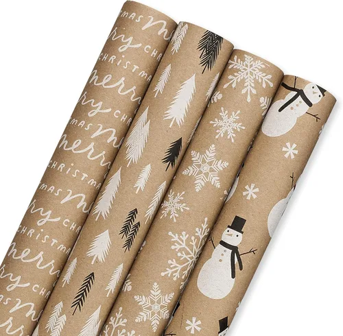 Vista 6 de American Greetings - Rollos de papel de regalo navideño Kraft Vintage, papel de regalo de fiesta navideña Kraft en negro, blanco y marrón
