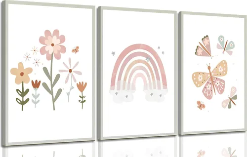 Vista 9 de Lienzo bohemio rosa para cuarto de bebé, arte de pared para habitación de niños, decoración de pared, diseño de flores de mariposa para niños
