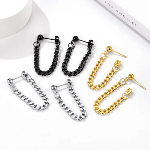 Vista 6 de Aretes colgantes de acero inoxidable para hombres y mujeres, chapados en oro de 18 quilates, aretes colgantes con bisagras, aretes de cadena larga