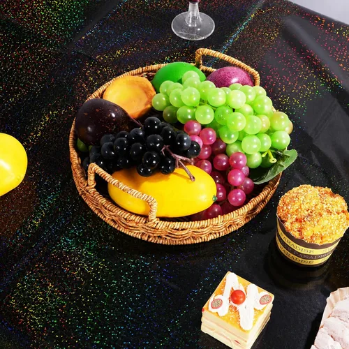 Vista 3 de Paquete de 3 manteles de plástico negro iridiscente, manteles rectangulares desechables con láser, mantel de lámina holográfica para Halloween