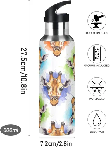 Vista 9 de Watercolor Giraffe Stainless Steel Water Bottle 20 Oz Leakproof Water Bottles, BPA-Free Sport Water Bottle