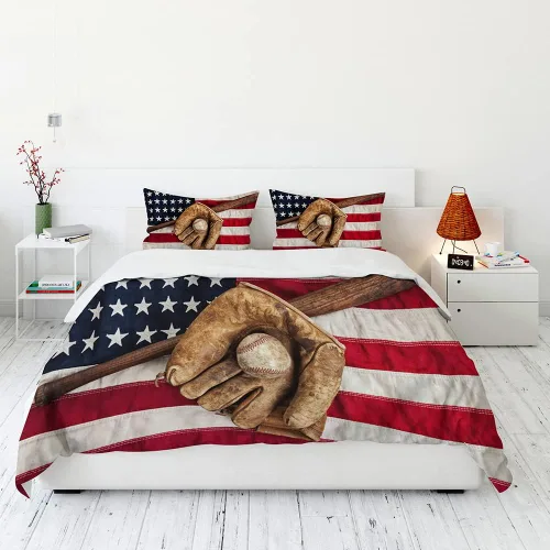 Vista 4 de Juego de ropa de cama de béisbol para niños, juego de edredón de bandera estadounidense con temática deportiva, tamaño individual, decoración