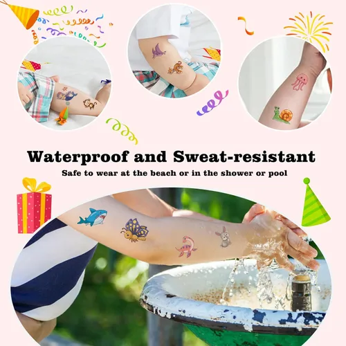 Vista 6 de 104 piezas de tatuajes temporales para niños para suministros de fiesta, pegatinas de tatuajes temporales de dinosaurios, unicornios y sirenas