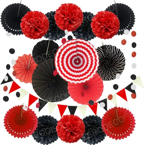 Vista 12 de Zerodeco - Decoración de fiesta, 21 piezas de abanicos de papel, pompones flores, tiras de cuerdas de lunares y banderines triangulares