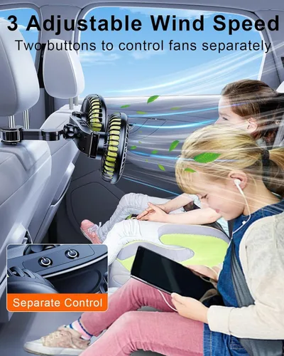 Vista 5 de Ventilador de coche recargable para asiento trasero de niños y bebé Hojas verdes
