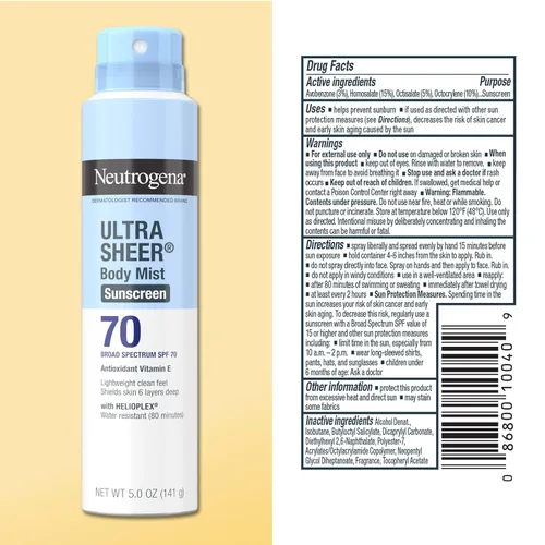Vista 9 de Neutrogena Ultra Sheer Body Mist - Protector solar en aerosol de amplio espectro, SPF 70, protector solar en aerosol ligero, no graso y resistente