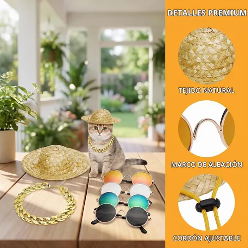 Vista 4 de 6 piezas de disfraz de perro y gato, lentes de sol retro para mascotas, collar de cadena dorada ajustable y sombrero de paja, accesorios divertidos