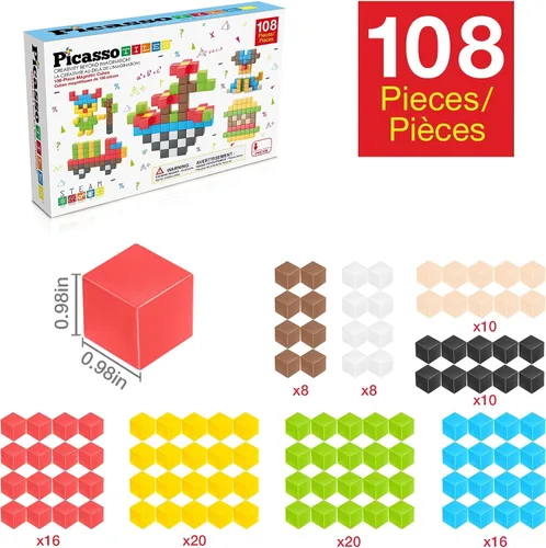 Vista 3 de PicassoTiles 108 Piece Magnetic Cubes, 1 Inch STEM Building Set for Kids 3+