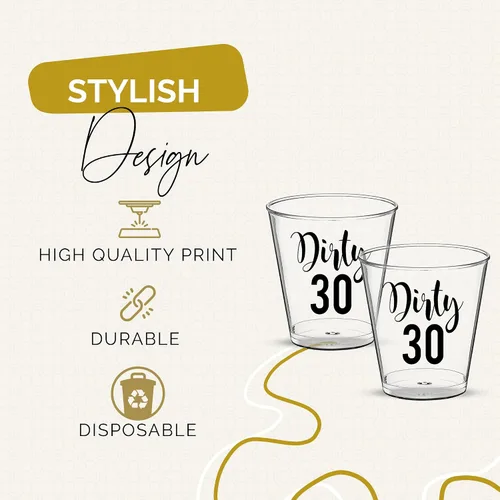 Vista 4 de Dirty 30 - Vasos de chupito de cumpleaños – 100 vasos de plástico desechables de 2 onzas, decoraciones de cumpleaños 30 para él o ella, regalos