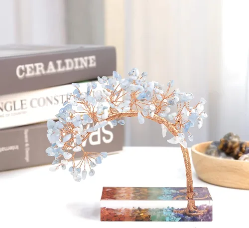 Vista 4 de rockcloud Árbol de dinero de piedra de cristal aguamarina con base de resina de chakras, hecho a mano, árbol bonsái de Feng Shui, decoración de Azul