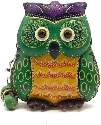 Vista 17 de Handmade Vintage Genuine Leather 3D Animal Owl Coin Purse with Removable Wrist Strap (Brown)
