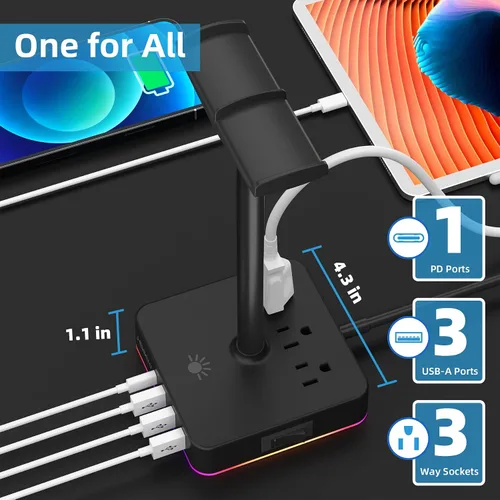 Vista 2 de J Elektro Regleta de alimentación con USB RGB02 soporte para auriculares con función RGB multiinterfaz, puertos de carga rápida, amplia
